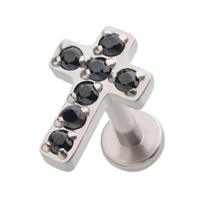 Cross Prong Set Black CZ Labret Post