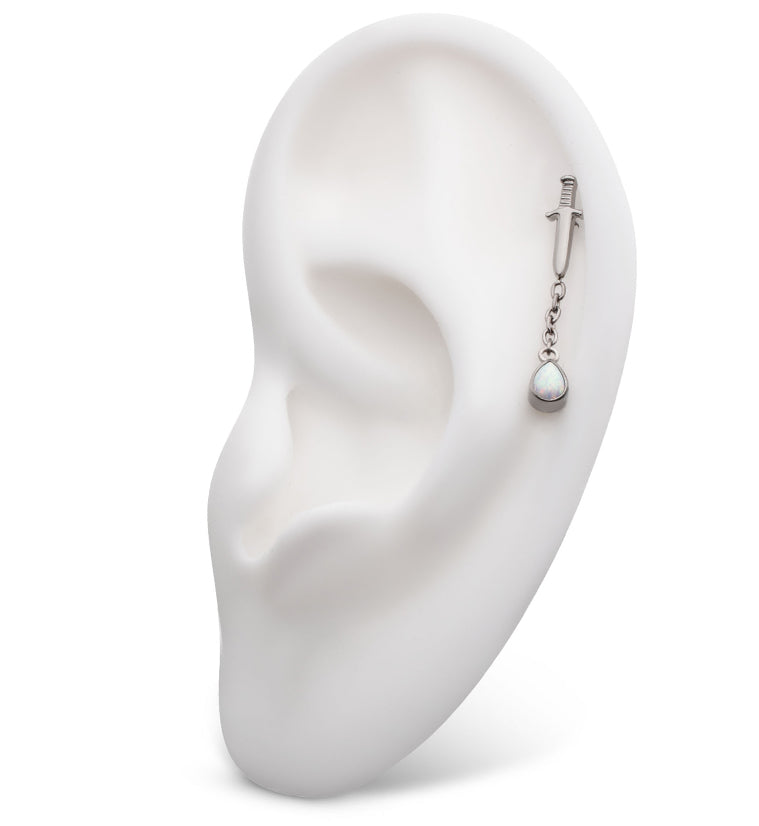 Dagger Dangle Chain Teardrop White Opalite Threadless Titanium Top