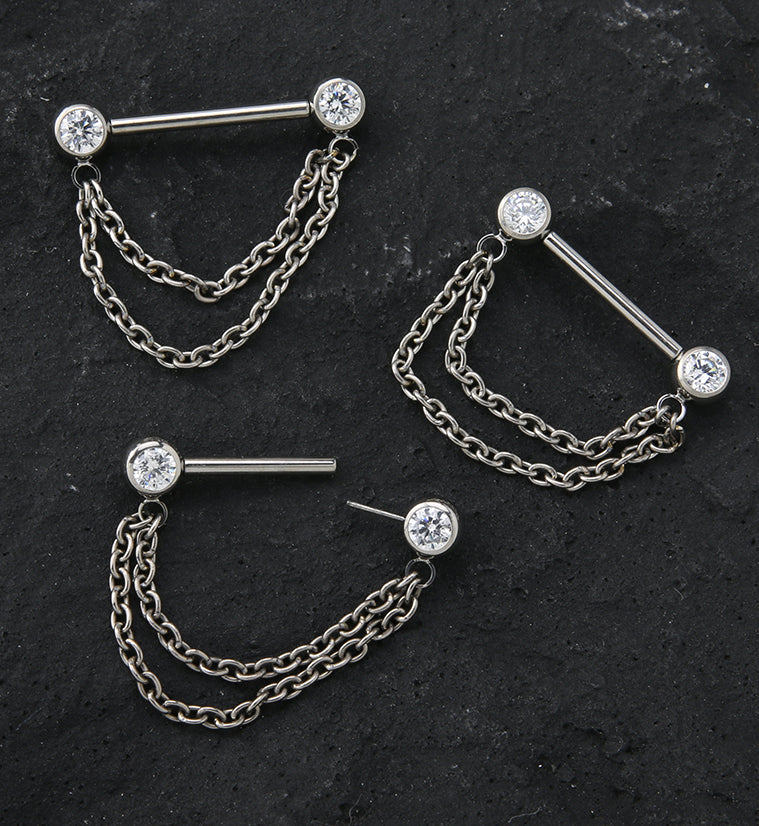 Dangle Chain Clear CZ Threadless Titanium Nipple Bars