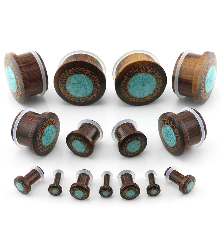 Single Flare Dark Tamarind Wood Plugs with Coconut & Turquoise Inlay