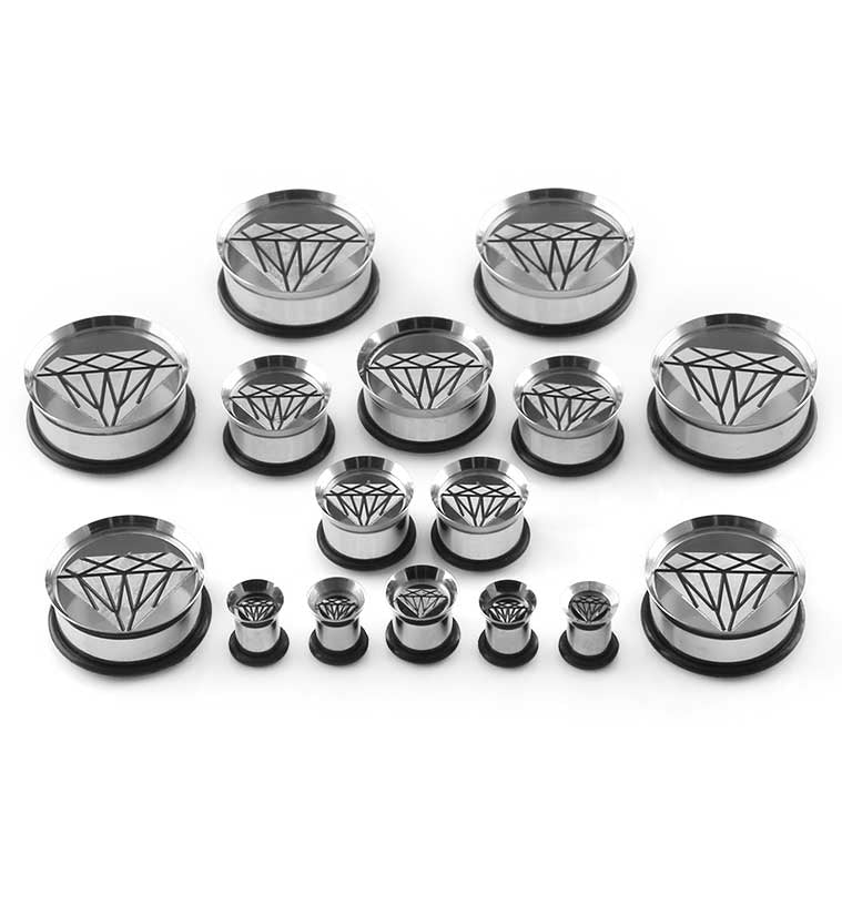 Diamond Steel Ear Tunnel Plugs 2g,00g,00g,1/2",9/16",5/8",3/4",7/8",1Inch