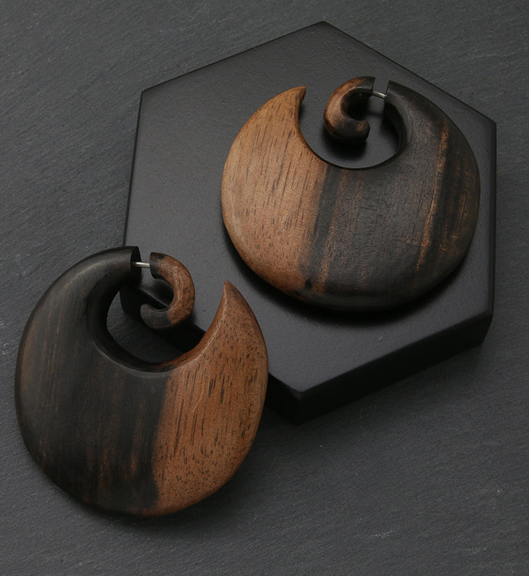 Disk Areng Wood Fake Gauge Spiral Earrings