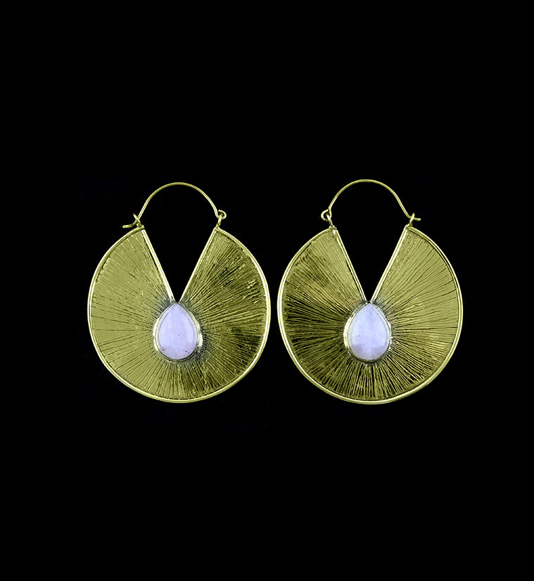 18G Quoit Disk w Teardrop Rose Quartz Stone Brass Earrings