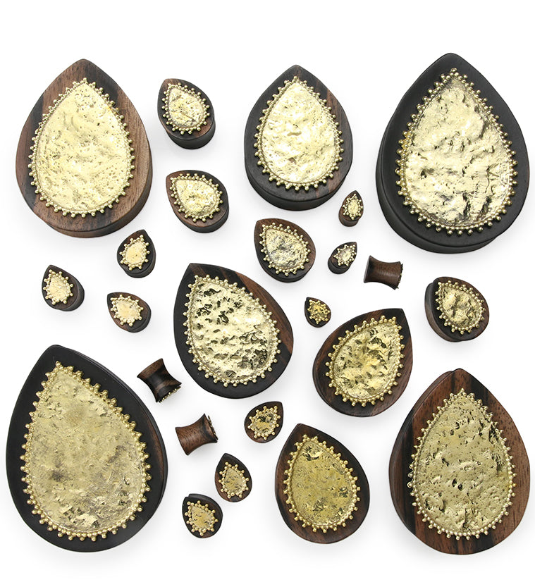 Doily Brass Inlay Areng Wood Teardrop Plugs