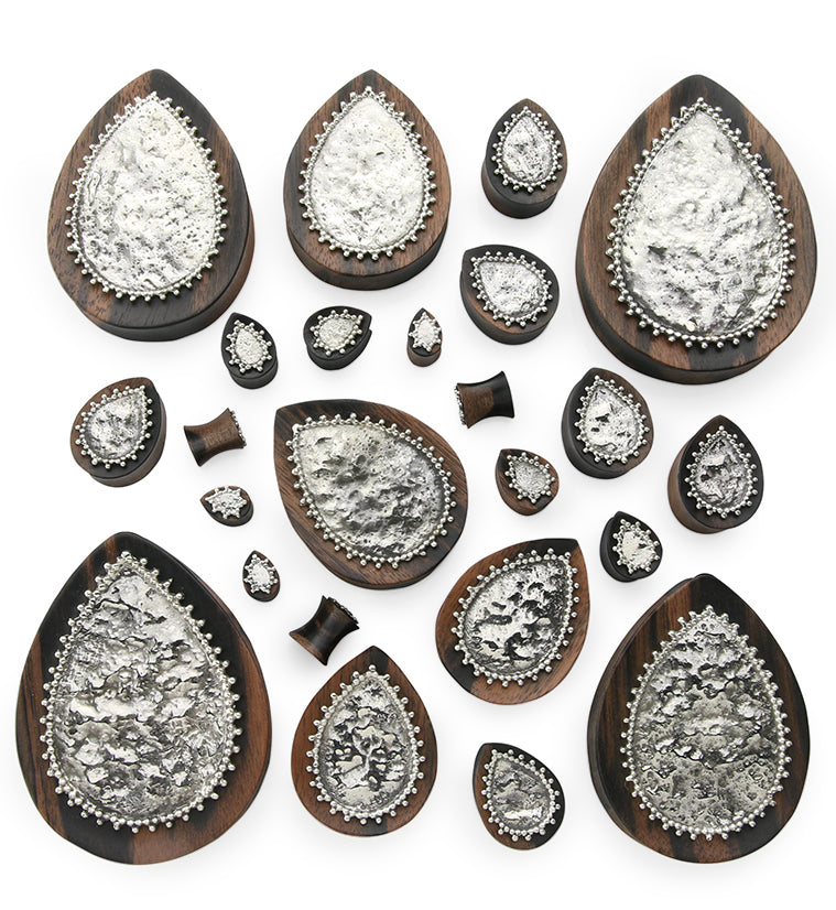 Doily White Brass Inlay Areng Wood Teardrop Plugs