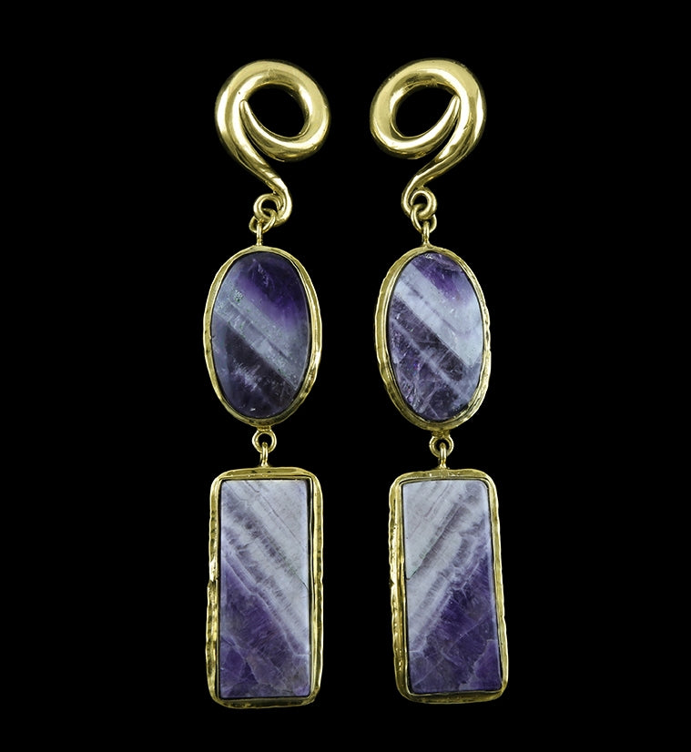 Double Amethyst Stone Brass Ear Weights