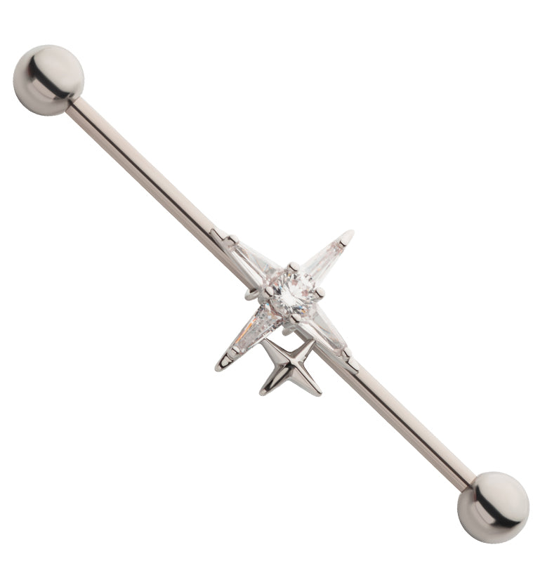 Double Compass Star Clear CZ Industrial Barbell