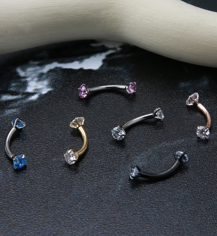 Color CZ Double Prong Titanium Curved Barbell