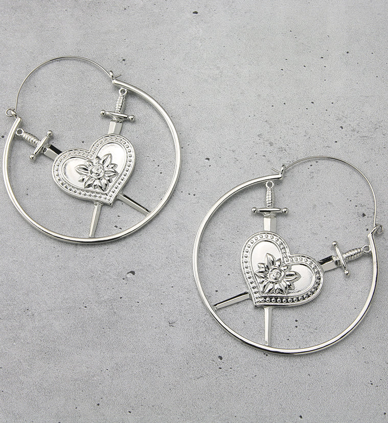 Double Dagger Heart Plug Hoops