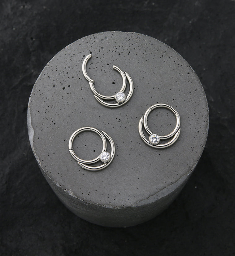 Double Front Facing Hoop Clear CZ Titanium Hinged Segment Ring