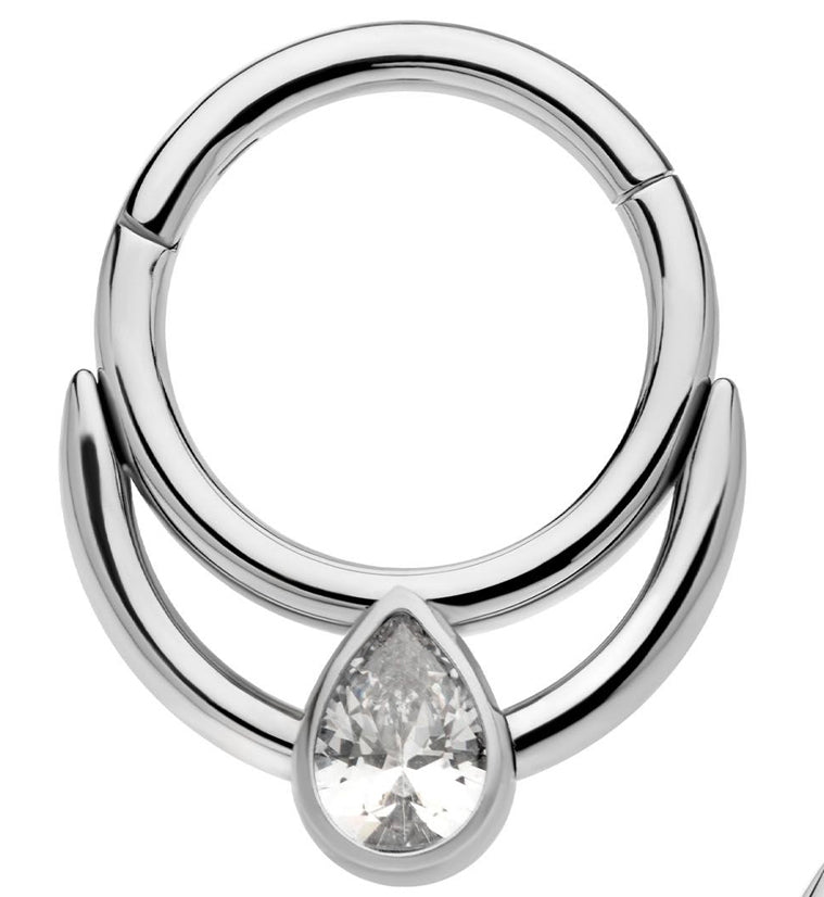 Double Front Facing Hoop Teardrop CZ Titanium Hinged Segment Ring