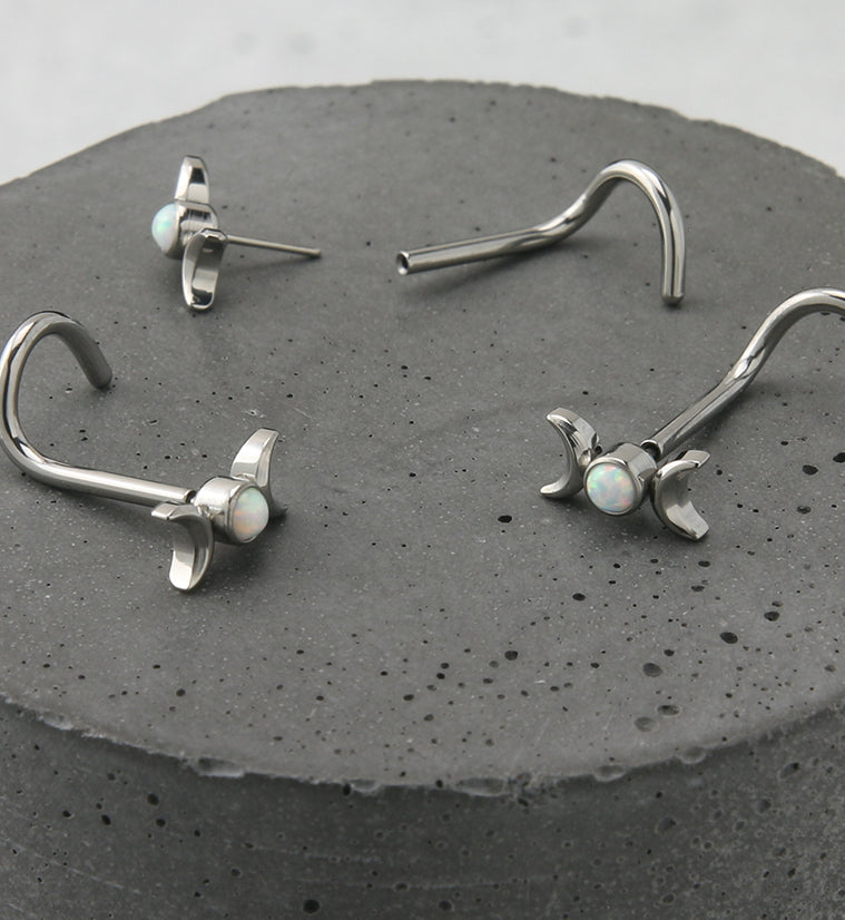 Double Half Moon White Opalite Titanium Threadless Nose Screw Ring