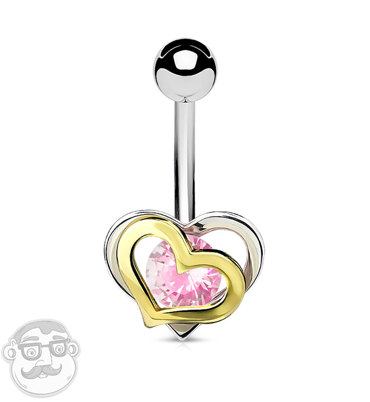 Double Heart Pink CZ Belly Button Ring by Urban Body Jewelry