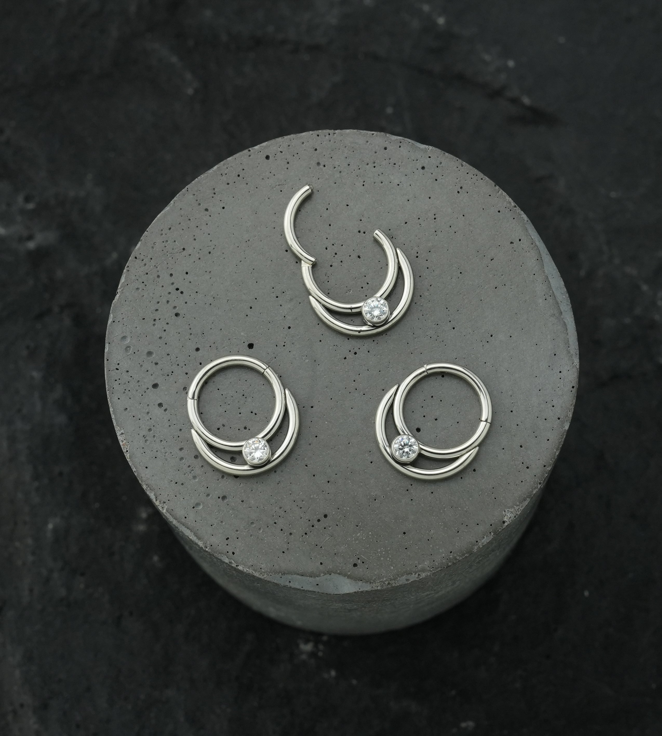 Double Hoop Bezel Clear CZ Stainless Steel Hinged Segment Ring