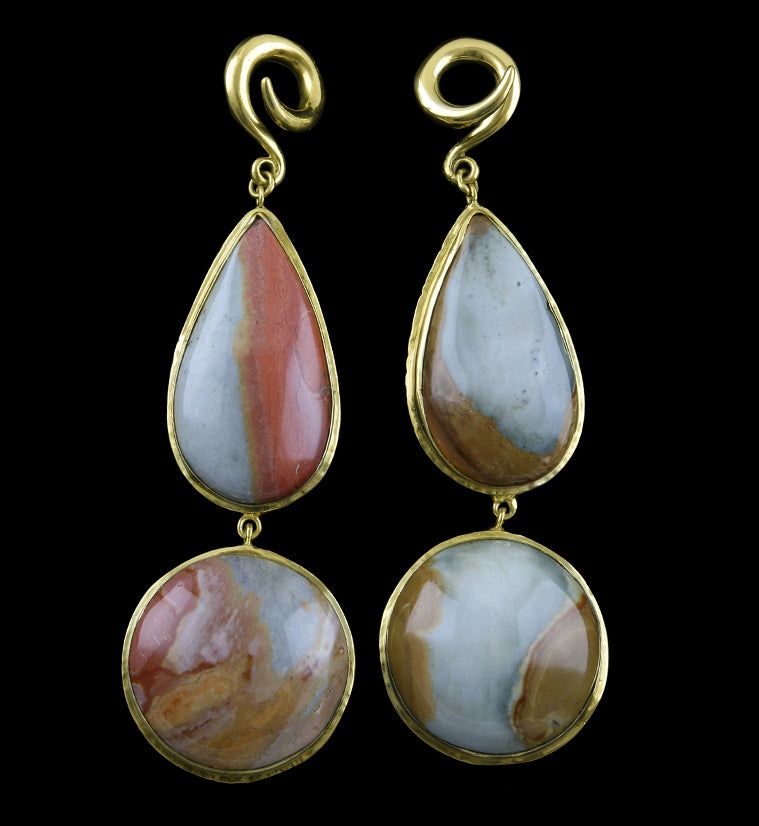 Double Polychrome Ocean Jasper Stone Brass Ear Weights