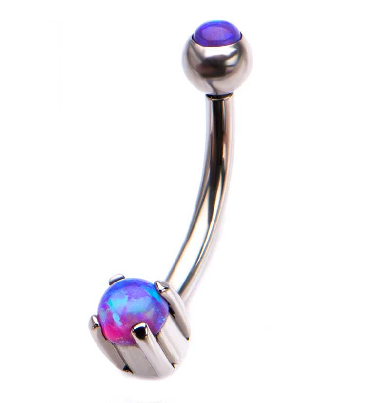 Purple Double Opal Prong Set Stainless Steel Curved Barbell