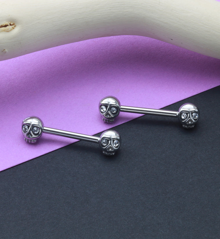 14G Double Skull Gem Nipple Ring Barbell