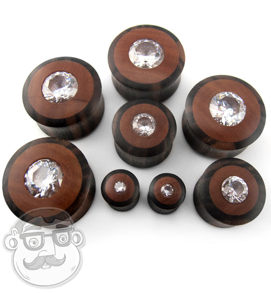 Sono / Saba Wood Plugs With Clear CZ Gem Inlay