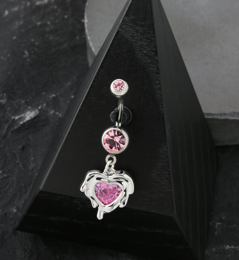 Dripping Heart Dangle Pink CZ Stainless Steel Belly Button Ring