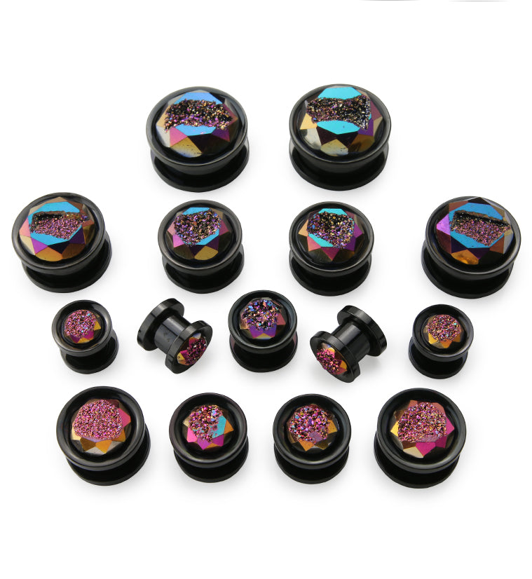 Black PVD Rainbow Druzy Stone Stainless Steel Screw Back Tunnels