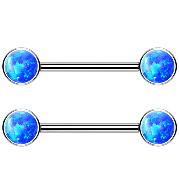 Dual Bezel Blue Opalite Titanium Threadless Nipple Ring Barbell