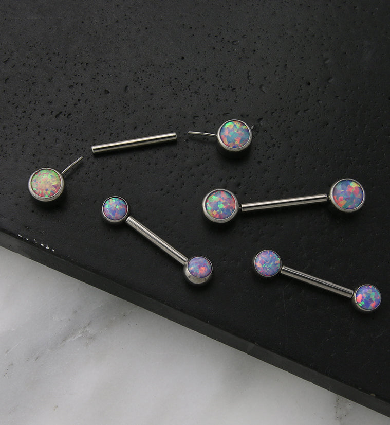 Dual Bezel Purple Opalite Titanium Threadless Nipple Ring Barbell