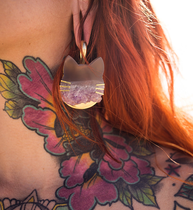 Kitty Cat Druzy Amethyst Brass Ear Weights