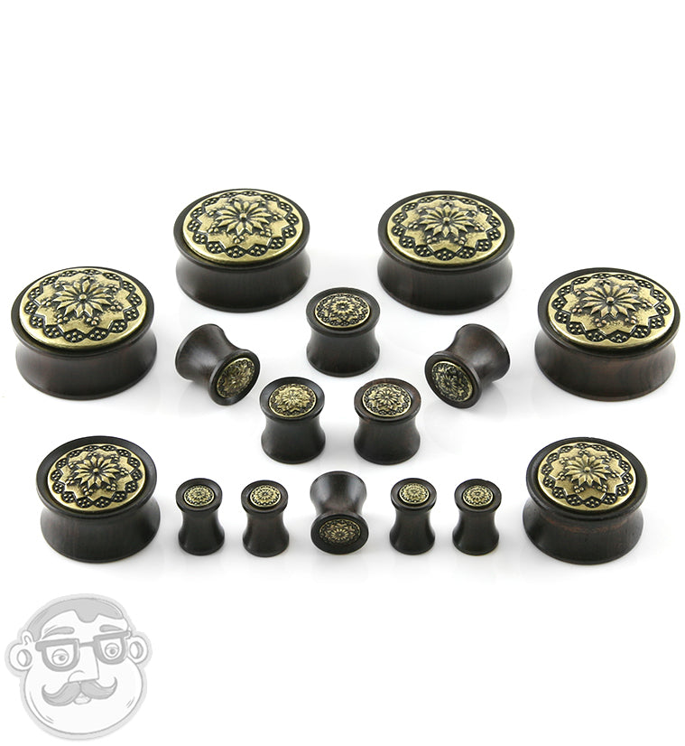 Ebony Wood Plugs With Brass Tribal Blossom Inlay