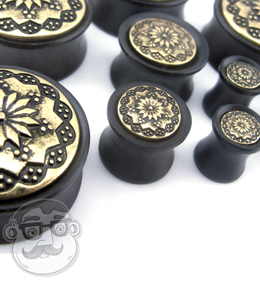 Ebony Wood Plugs With Brass Tribal Blossom Inlay