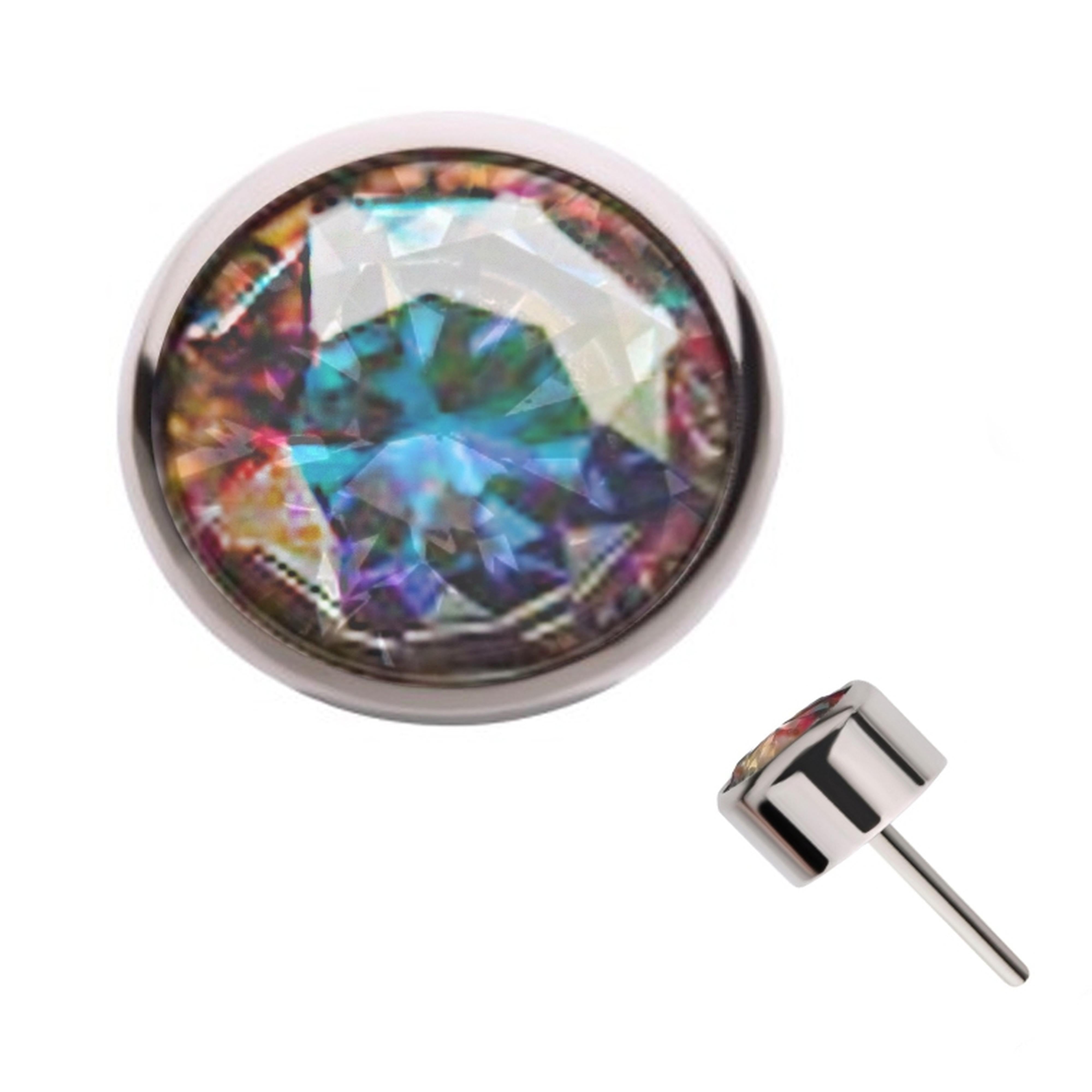 Rainbow Aurora CZ Flat Bezel Titanium Threadless Top