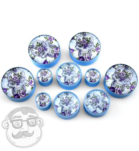 Floral Skull Light Blue Plugs