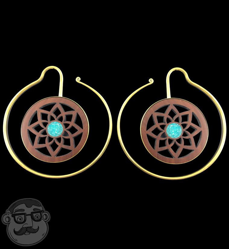 Brass Earrings With Wooden Lotus & Crushed Teal Stone Inlay