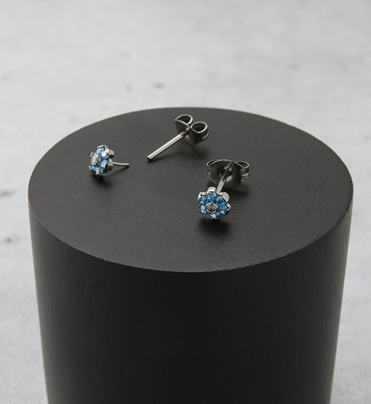 Flower Aqua CZ Titanium Threadless Earrings