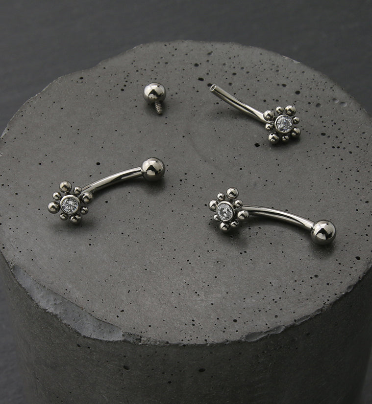 Flower Bead CZ Internally Threaded Titanium Curved Barbell