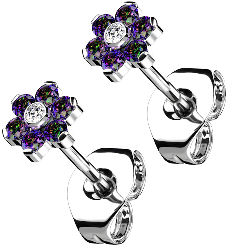 Flower Black Aurora CZ Titanium Threadless Earrings