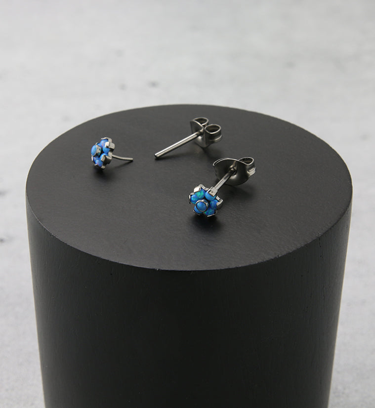 Flower Blue Opalite Titanium Threadless Earrings