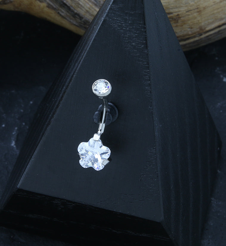 Flower Clear CZ Internally Threaded Titanium Belly Button Ring