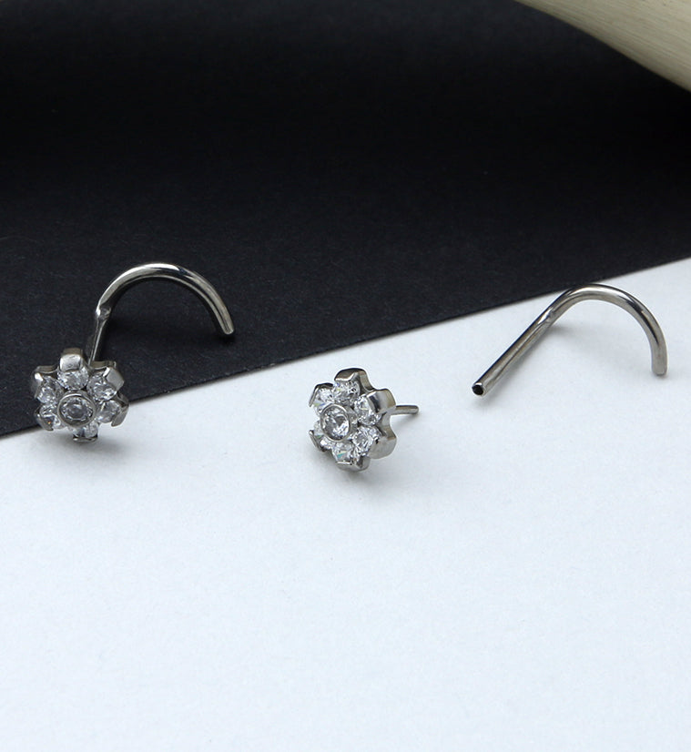 Flower CZ Titanium Threadless Nose Screw Ring