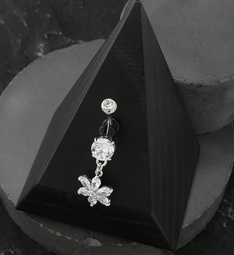 Flower Pear CZ Dangle Stainless Steel Belly Button Ring
