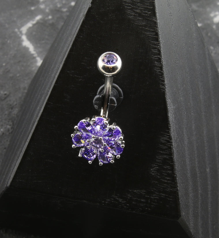 Flower Teardrop Purple CZ Stainless Steel Belly Button Ring