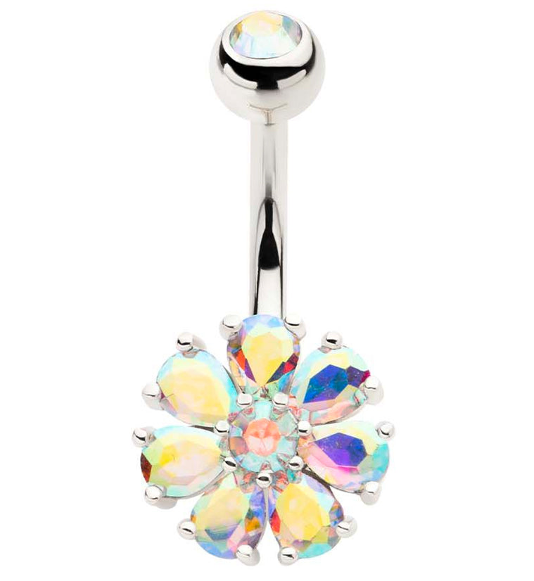 Flower Teardrop Rainbow Aurora CZ Stainless Steel Belly Button Ring