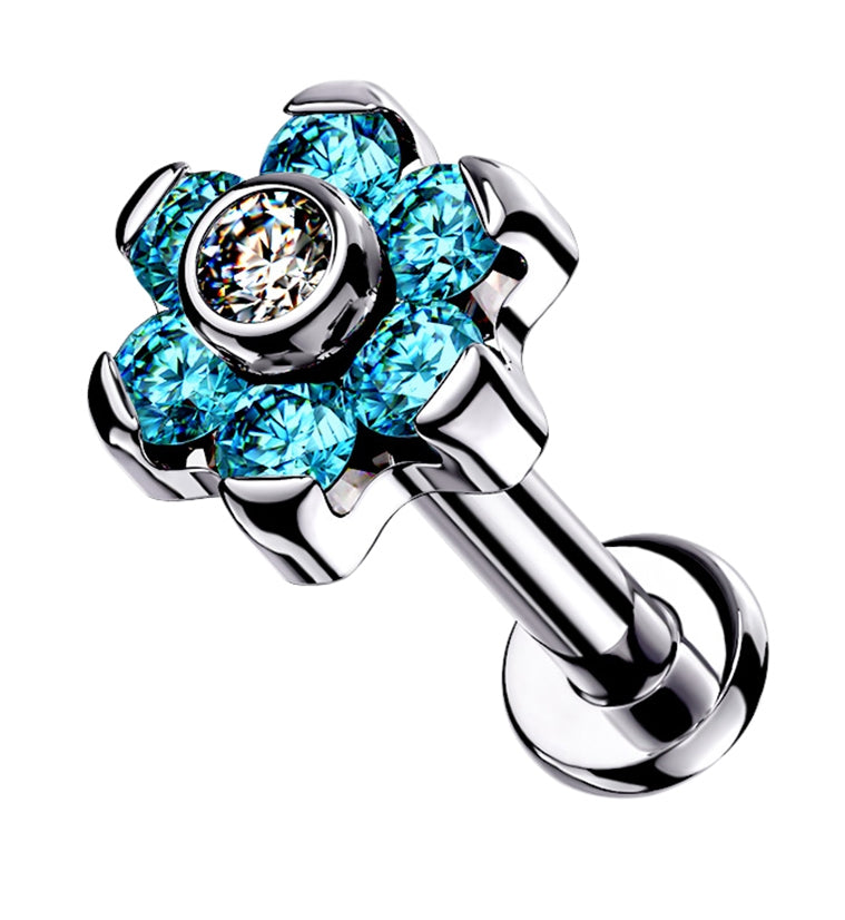 16G Aqua CZ Flower Top Titanium Labret