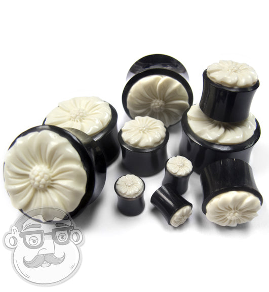 Horn Plugs With Carved Gardenia Flower Bone Inlay