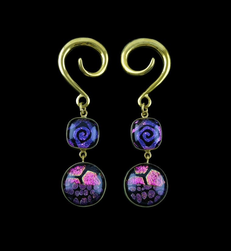 Pink & Purple Glass Cab Brass Ear Weights