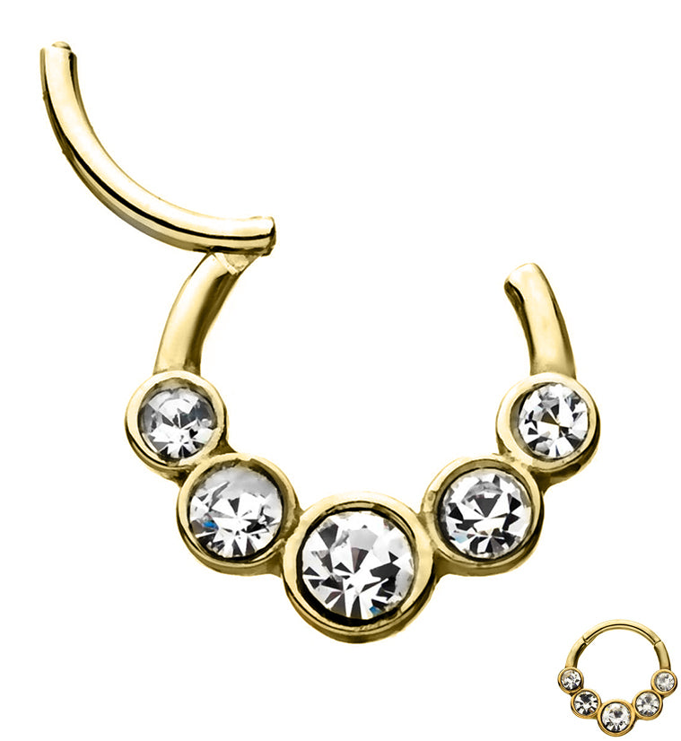Hinged segment rings in gold with five front facing CZ gems. Size 16 gauge. Stunning piece for your piercings. Over 300 designs to pick from. Free shipping on orders over $20. Shop Urban Body Jewelry