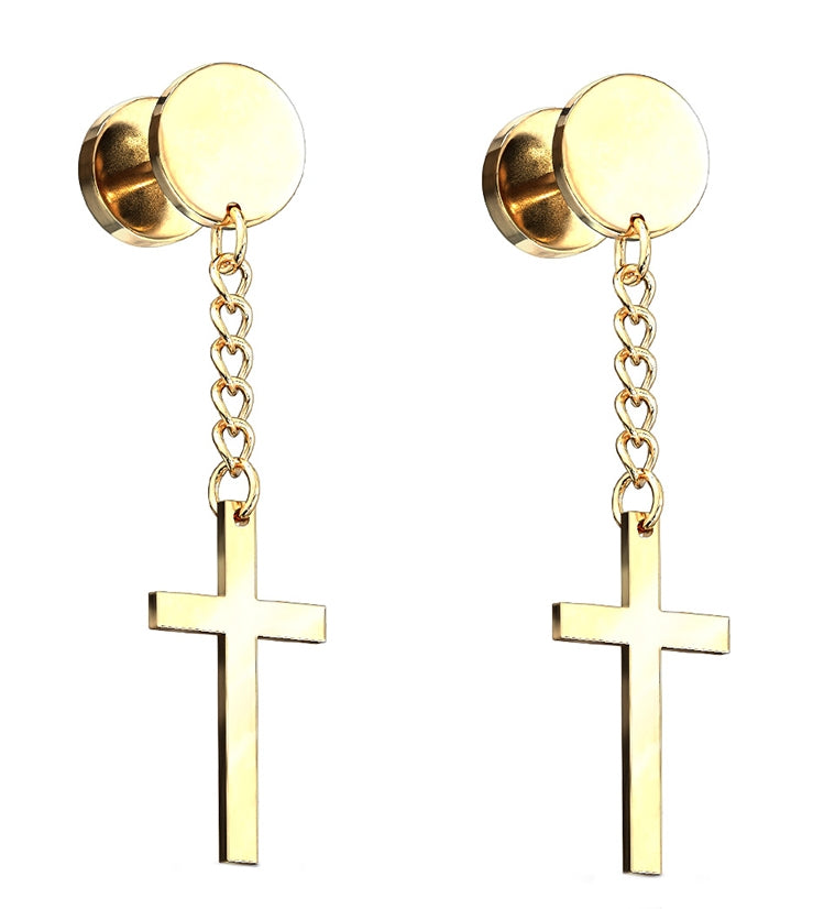 16G Gold Dangle Cross Fake Plugs