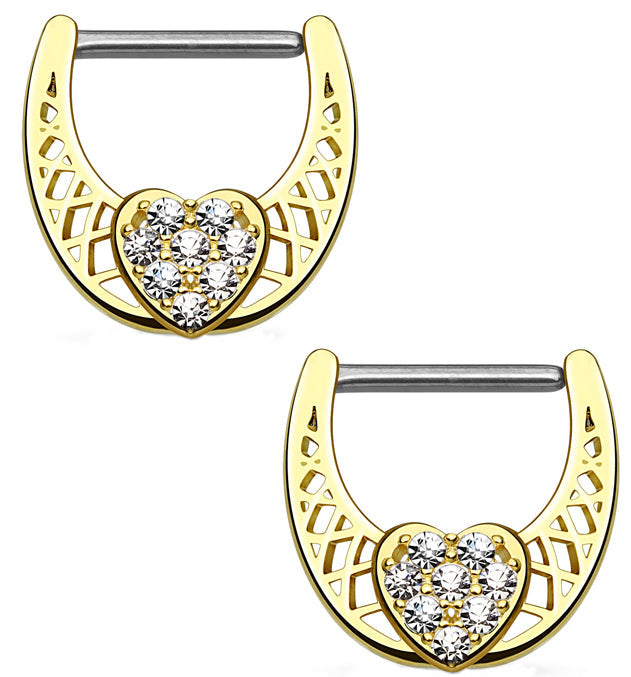 14G Gold Plated CZ Heart Nipple Clicker Ring