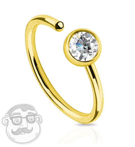 20G Titanium Ion Plated Gold Steel CZ Gem Nose Ring Hoop