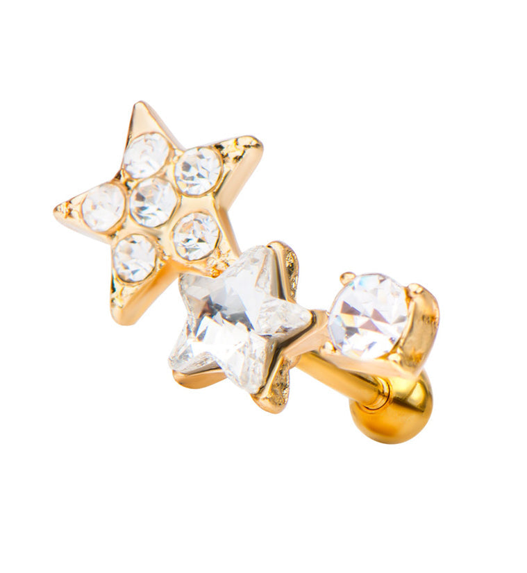 18G Gold PVD CZ Triple Star Cartilage Barbell