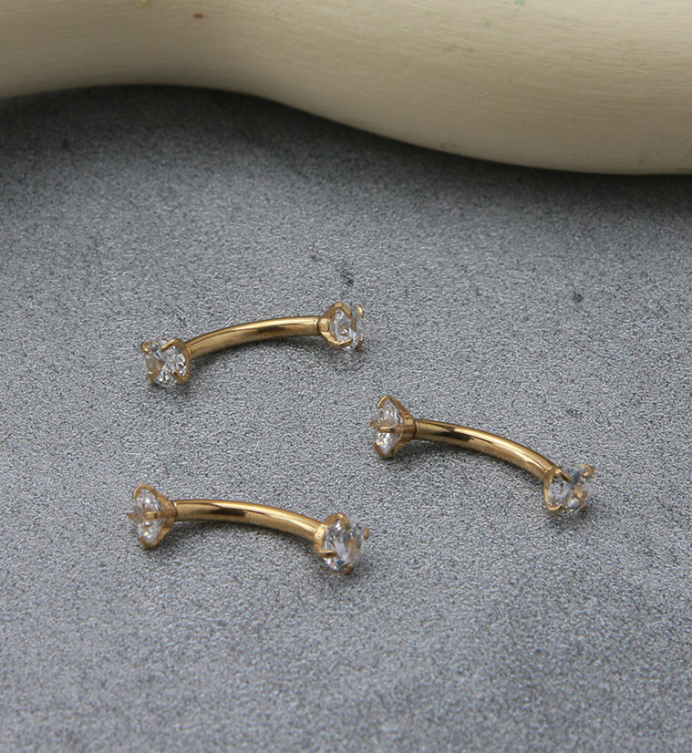 Gold PVD Titanium Double Prong CZ Curved Barbell